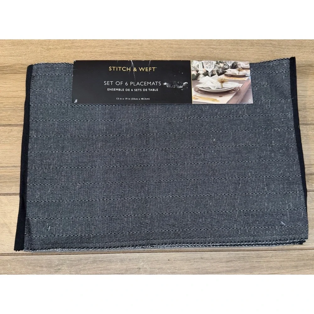 Stitch & Weft Set Of 6 Placemats Charcoal Black Gray Metallic Tencil 13x19 NWT